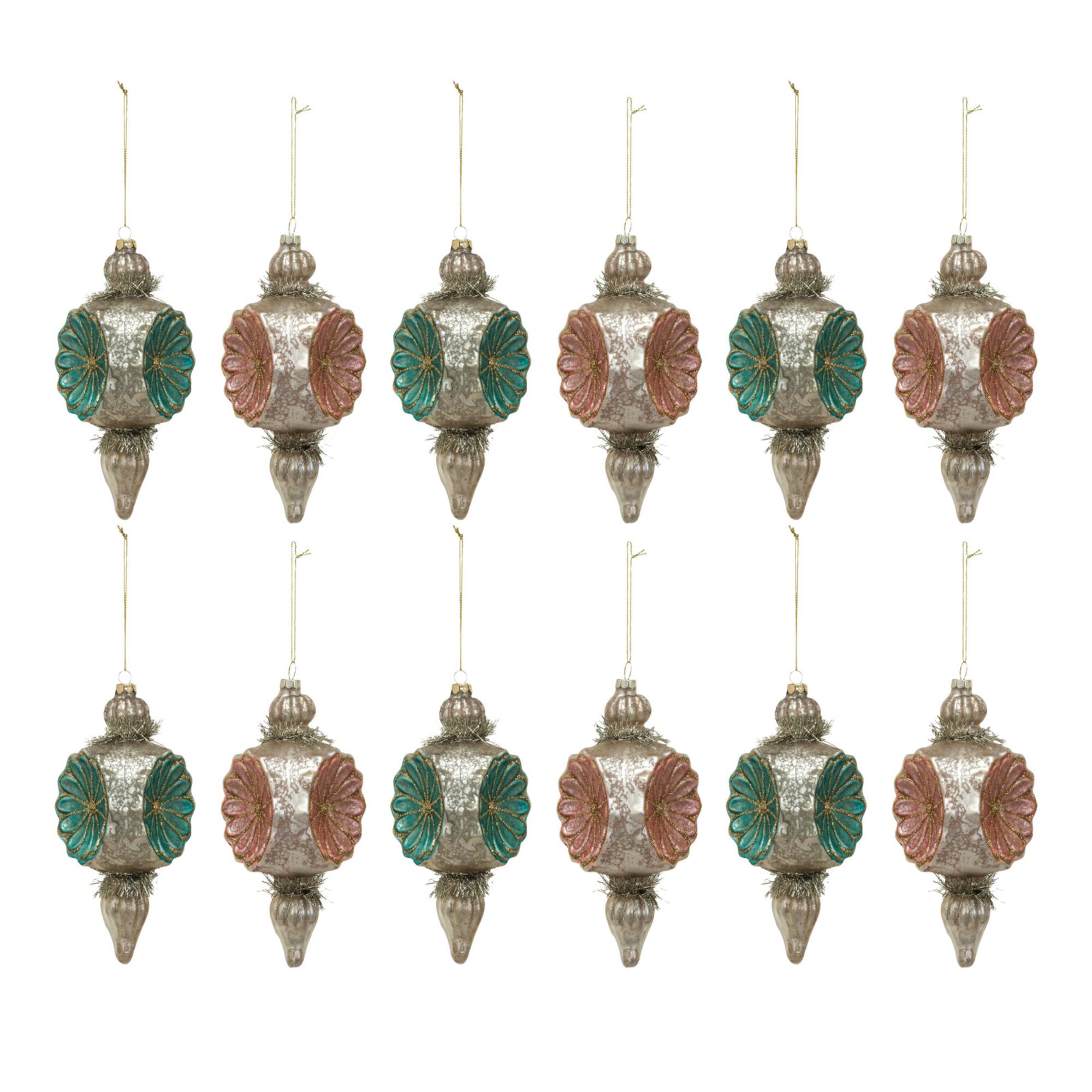 Hello Honey® 8 Pack 7" Mercury Glass Flowers, Tinsel & Glitter Finial Ornaments